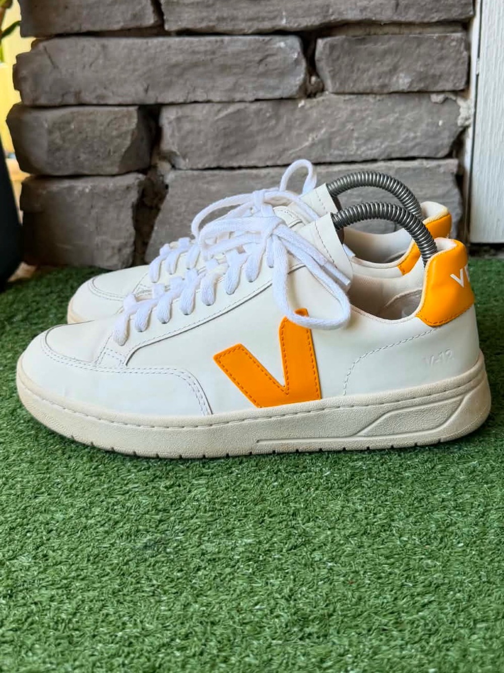 Veja V-12 Low Top Vibrant Orange White Leather Womens Sneakers